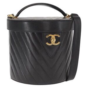 CHANEL V Stitch Vanity Hand Bag Lamb Skin 2way Black Gold CC Auth 158944SAV